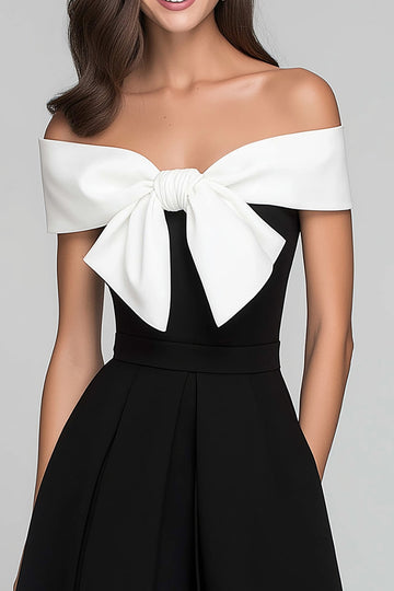 Black and White A Line Off the Shoulder Long Formal Dress with Bow